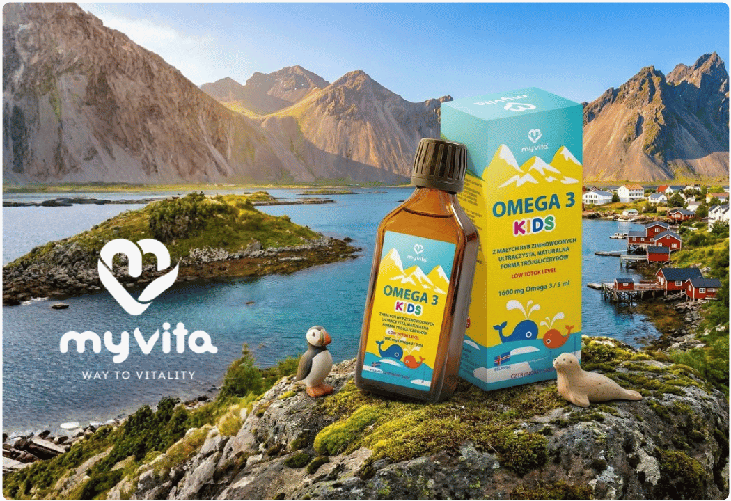 OMEGA 3 KIDS Trójglicerydy TG 1600 mg EPA DHA - Płyn do Picia o Smaku Cytrynowym 100 ml MyVitaBaner